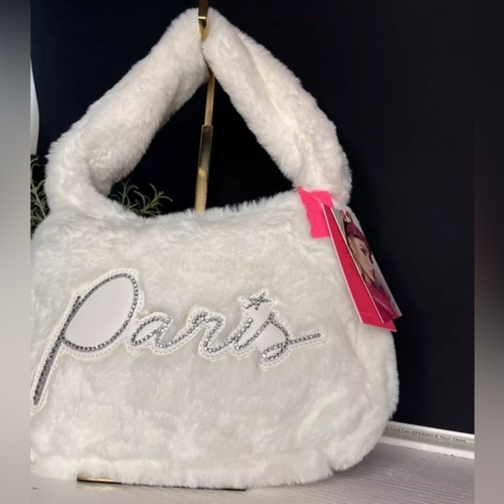 Paris Hilton White Faux Fur Shoulder Bag Y2K Logo Purse NWT